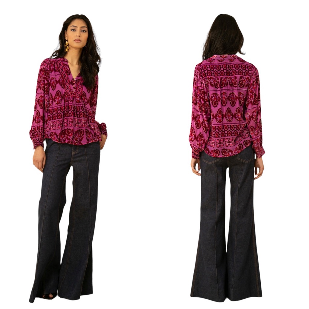 Hale Bob Garance Velvet Burnout Top Boho Blouse Velvet Silk Pink Lux Fes